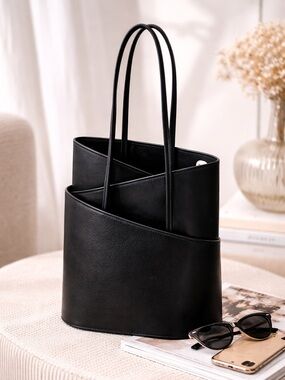 Cleo & Patek Black Leather Asymmetrical Zig Zag Tote Structured Shoulder Bag